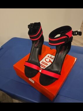 Women’s Black & Red Ankle-Strap Heeled Sandals